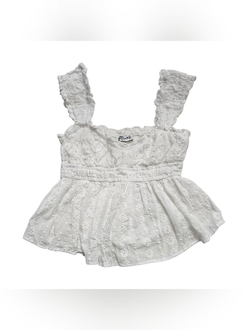 Princess Polly White Eyelet Lace Peplum Crop Top Smocked Ruffle Strap US 2 AU 6